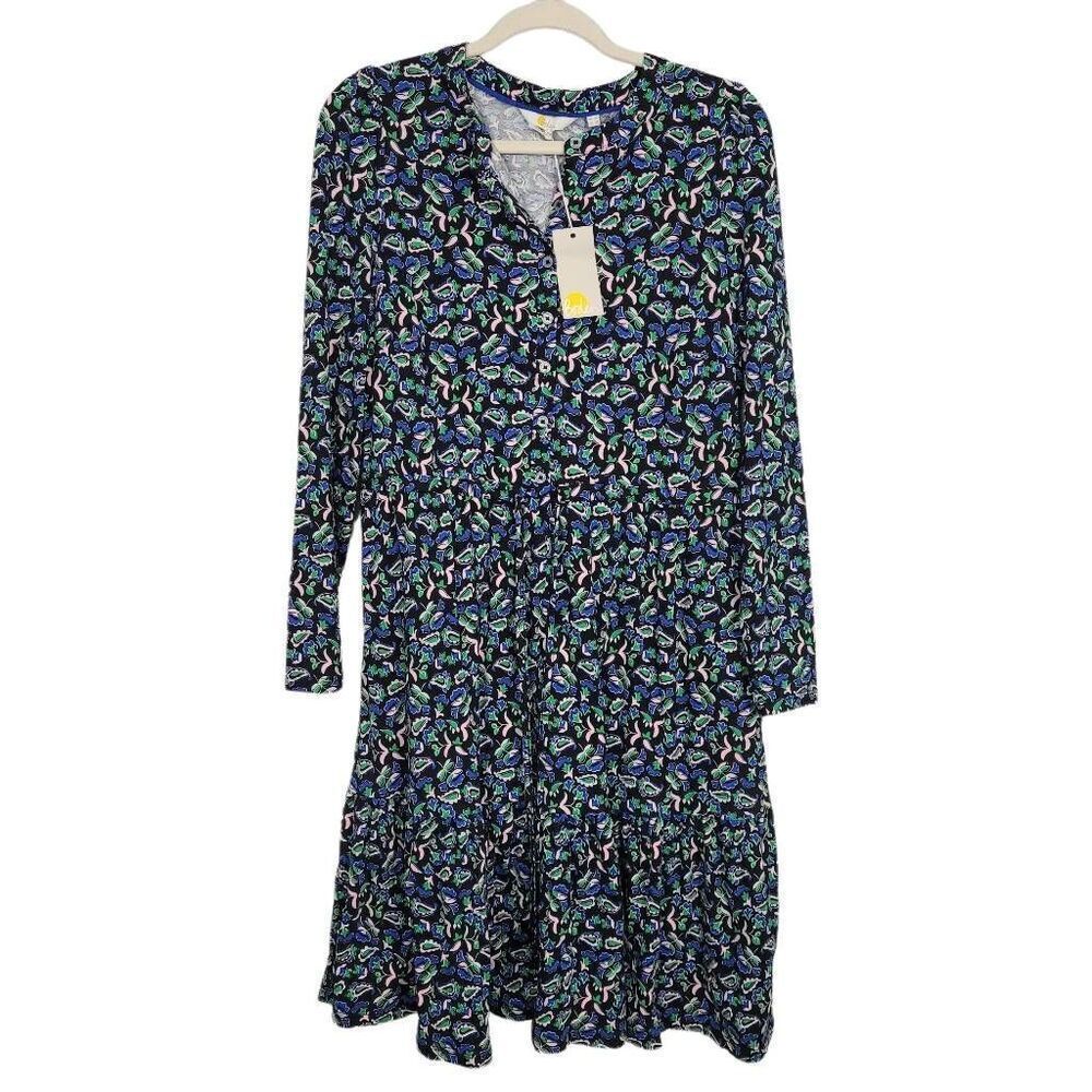 NWT Boden‎ Button Front Tiered Dress Sz 8 Paisley Floral Jersey Stretch Long Slv